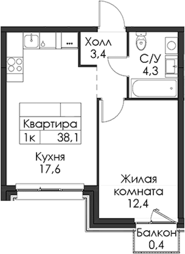 1-комнатная квартира 38.1 м², 9/12 эт., ЖК «Шкиперский 19»